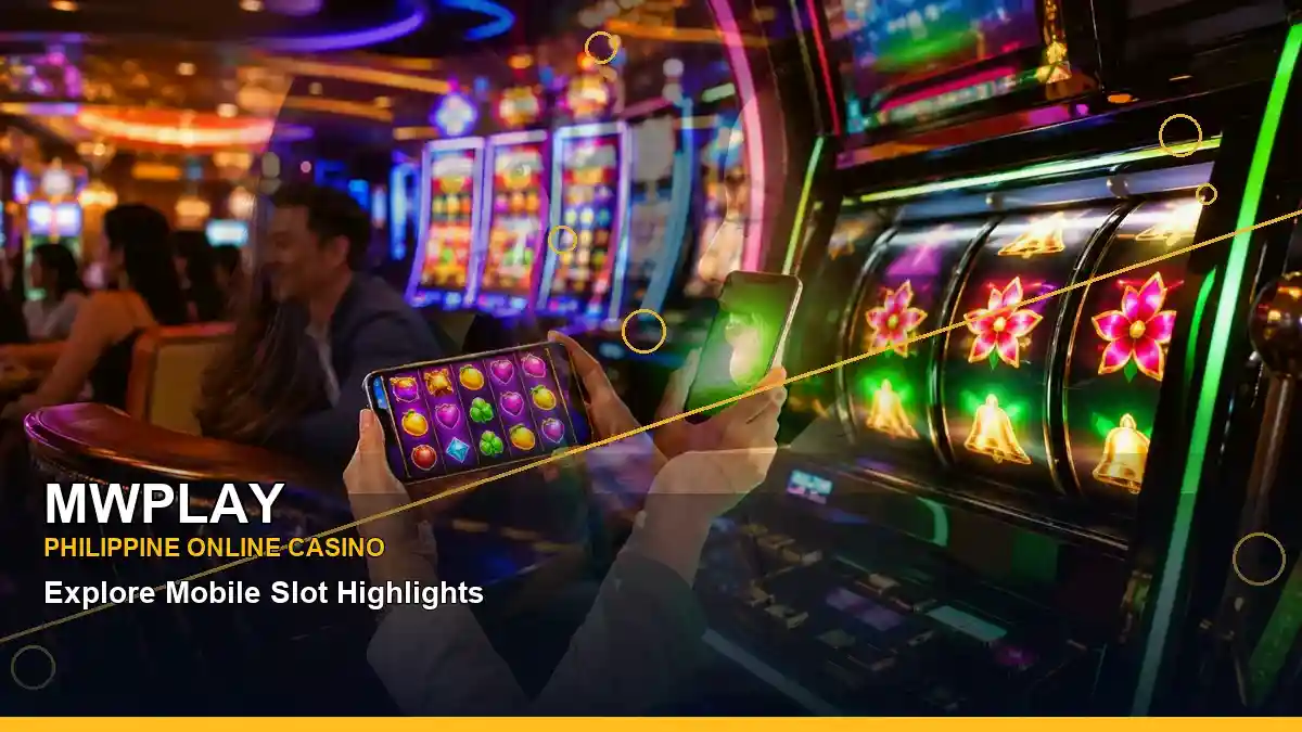 MWPLAY gold jackpot slot games featuring an adult Filipina casino host with a layered collage composition