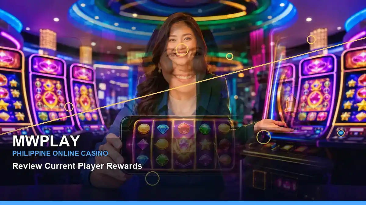 MWPLAY Philippines casino guide with centered VIP casino rewards and an adult Filipina casino host
